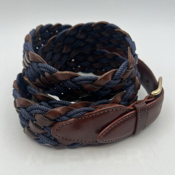 Mens Tuttle Woven Braided Leather Cord Belt Navy Brown Italy Gold Buckle 44 - Picture 4 of 7